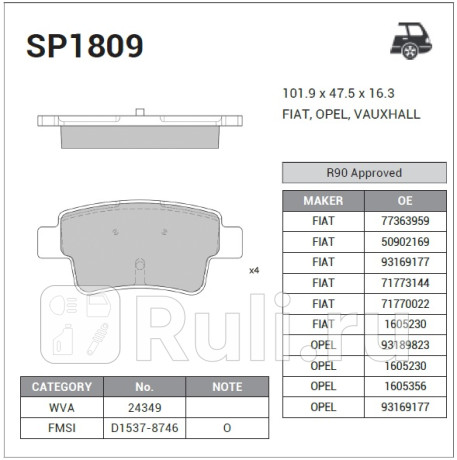 SP1809 - Колодки тормозные дисковые задние (HI-Q) Fiat Punto Evo (2009-2012) для Fiat Punto Evo (2009-2012), HI-Q, SP1809