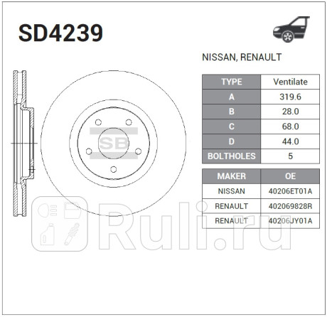 SD4239 - Диск тормозной передний (HI-Q) Renault Koleos 1 (2008-2016) для Renault Koleos 1 (2008-2016), HI-Q, SD4239