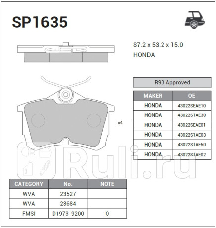 SP1635 - Колодки тормозные дисковые задние (HI-Q) Honda Insight (2009-2014) для Honda Insight ZE2 (2009-2014), HI-Q, SP1635