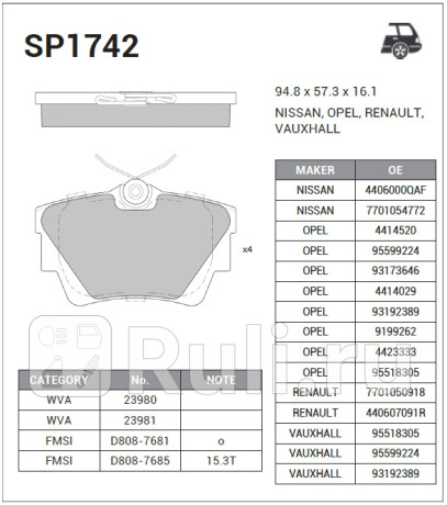 SP1742 - Колодки тормозные дисковые задние (HI-Q) Opel Vivaro (2001-2014) для Opel Vivaro A (2001-2014), HI-Q, SP1742