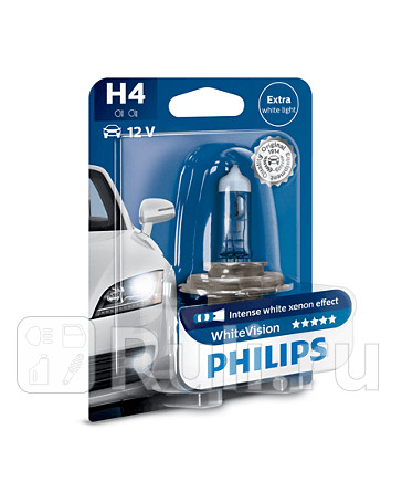 12342 WHV B1 - Лампа H4 (60/55W) PHILIPS White Vision 3700K +60% яркости для Автомобильные лампы, PHILIPS, 12342 WHV B1