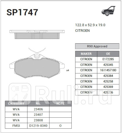 SP1747 - Колодки тормозные дисковые передние (HI-Q) Citroen C3 (2002-2009) для Citroen C3 (2002-2009), HI-Q, SP1747